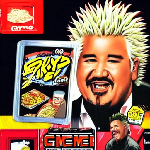 Image similar to guy fieri has ramen noodle hair for the nintendo genesis, game case, box art