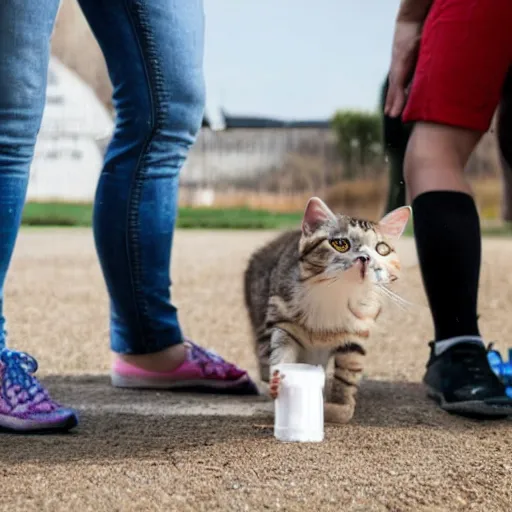 Prompt: human giving milk bottle to a cat