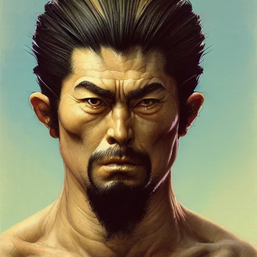 Image similar to head and shoulders portrait of a kensai, d & d, fantasy, greg rutkowski, frank frazetta, alexandre chaudret, boris vallejo, michael whelan, miro petrov, hr giger, magali villeneuve, donato giancola