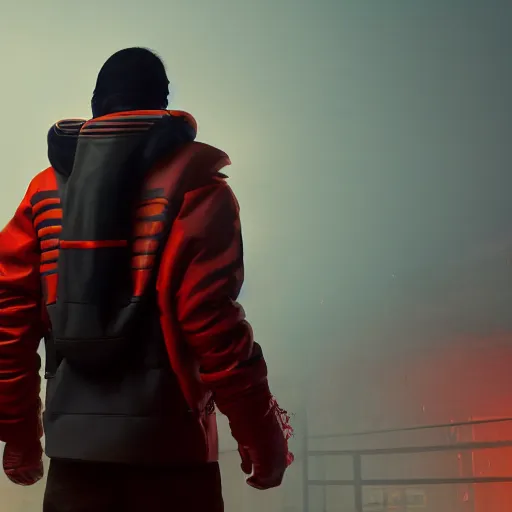 Prompt: villain wearing a red oni mask, orange jacket, dark background, unreal engine 5, black backpack, ultra realistic, detailed, fog, volumetric lighting, by greg rutkowski,