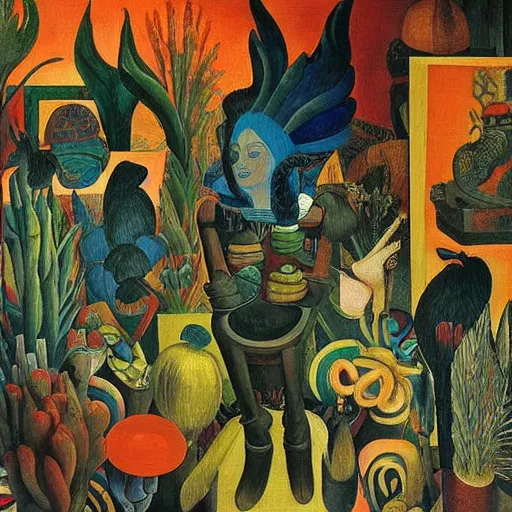 Image similar to high quality, high detail painting, dutch masterpiece, fluxus, blu, film noir, diego rivera, high garden scene with quetzalcoatl at night, hd, muted lighting