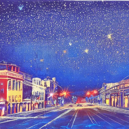 Prompt: night scene of a city. The darkness of the night is illuminated by artificial lighting. The sky is painted with cobalt blue, and shimmers with the light of stars.