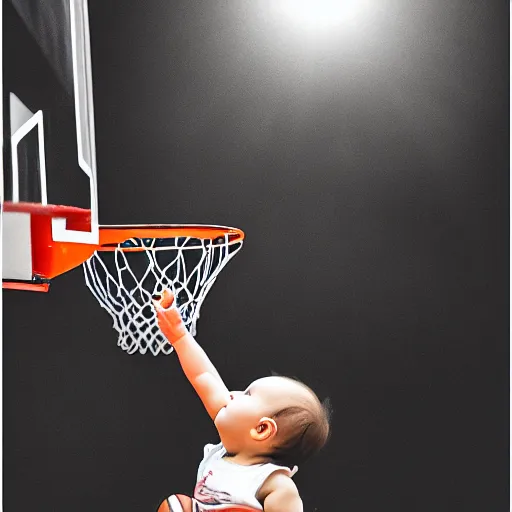 Prompt: a baby dunking a basketball, dramatic action photography