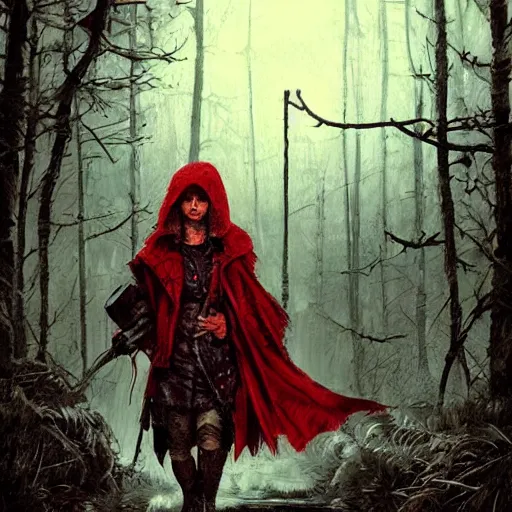 Image similar to elderly wolf hunter little red riding hood in the rain, detailed intricate ink illustration, dark atmosphere, detailed illustration, hd, 4k, digital art, overdetailed art, concept art, by greg rutkowski, by loish, complementing colors, Trending on artstation, deviantart