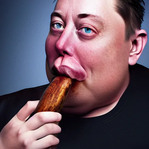 Image similar to stunning award winning hyperrealistic hdr 8 k highly detailed portrait photo of morbidly obese elon musk eating a rocket