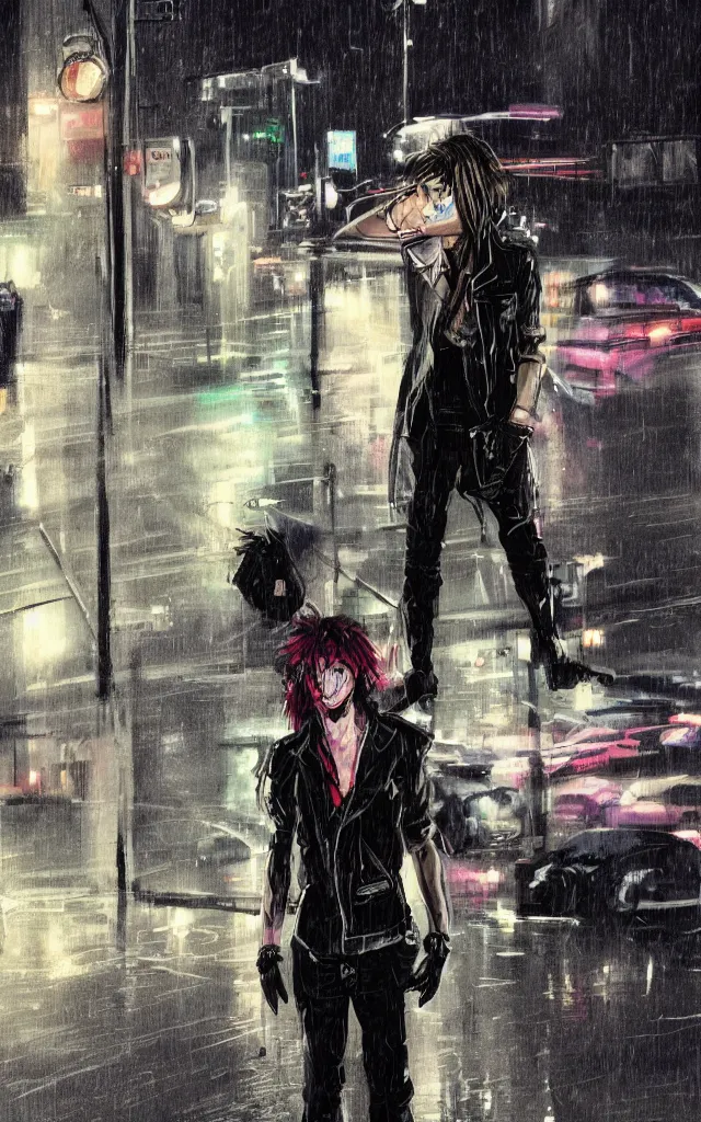 Prompt: concept art, character design, glam rocker, standing on a wet helsinki street at night, in the style of syd mead and liam wong