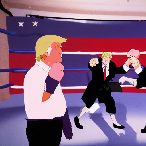 Image similar to Anime of Donald Trump and Joe Biden throwing punches, cinestill, 800t, 35mm, full-HD