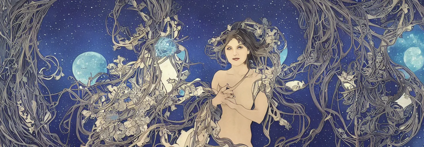 Image similar to cloaked dark winter night, awardwinning art by sana takeda and artgerm and alphonse mucha, conceptual volumetric realism, astronomical star constellations and watch gears, traditional moon, candle, tattoo, maiden and fool and crone, ultramarine blue and gold