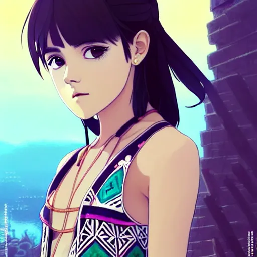 Image similar to a beautiful boyish emma watson alluring instagram model, wearing japanese hiphop aztec leotard outfit with mayan pattern and native style, aztec street fashion bathing suit, botw style, gapmoe yandere grimdark, trending on pixiv fanbox, painted by greg rutkowski makoto shinkai takashi takeuchi studio ghibli, akihiko yoshida