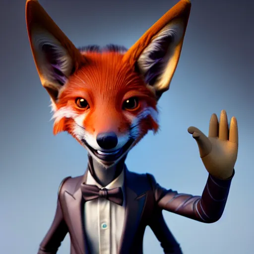 Image similar to weta disney pixar movie still macro close photo of smiling anthropomorphic vulpes vulpes fulva wearing a suit : : by weta, greg rutkowski, wlop, ilya kuvshinov, rossdraws, artgerm, octane render, iridescent, bright morning, anime, liosh, mucha : :