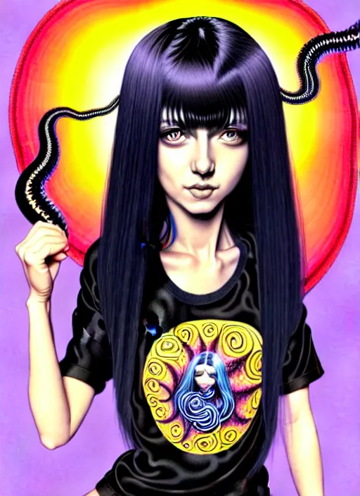 Image similar to richly detailed colored pencil 3D illustration of a beautiful woman with silky straight black hair with iridescence wearing a Nirvana band Tshirt and short black shorts, she staring at the camera happily while being wrapped by slimy wet tentacles, art by Range Murata and Artgerm.