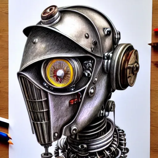 Image similar to hyper realistic pencil drawing of a steampunk robot , water color, full portrait, detailed, rim light, diffused, intricate,