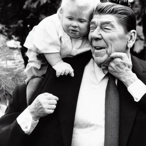 Prompt: dwarf trump getting a piggy - back ride from ronald reagan