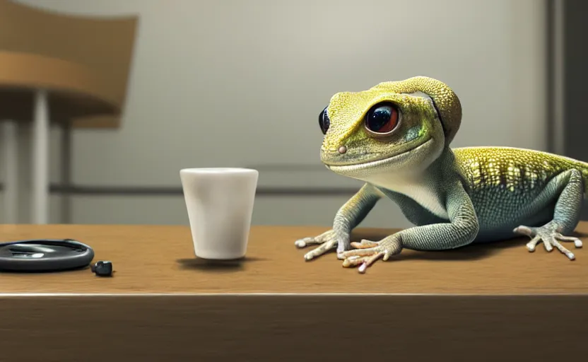 Image similar to a cute gecko with headphones in a cafe sitting in front of a table with a coffee, digital painting, masterpiece, digital art, concept art, octane render, unreal engine 5, trending on deviantart, highly detailed, high quality, 8 k, cartoon, high coherence, realistic, anatomically correct, five fingers, relaxing, realistic and detailed face, beautiful, elegant