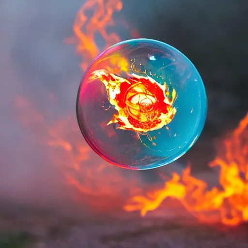 Image similar to soap bubble covered in fire flames, centered, symmetrical