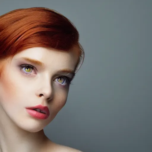 Image similar to A gorgeous redhead, sweet, natural eyes, modelsociety, raytracing, studio lighting, perfect face, intricate, Sony a7R IV, symmetric balance, polarizing filter, Photolab, Lightroom, 4K, Dolby Vision, Photography Award