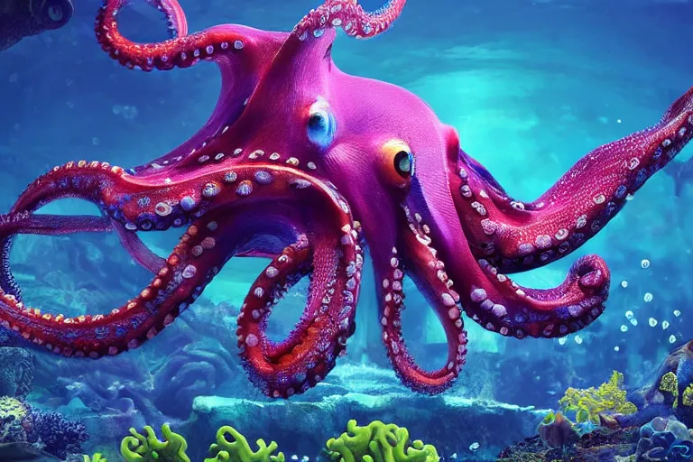 Image similar to dramatic and happy octopus swimming in an octopus'garden under the sea in the shade. trending on cgsociety, happy atmosphere, volumetric lighting, unreal engine, exaggerated detailed, 3 5 mm lens,