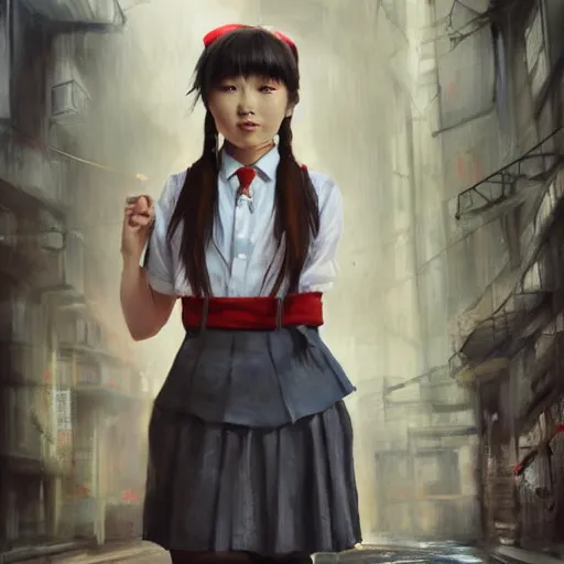 Image similar to a perfect, realistic professional oil painting of a Japanese schoolgirl posing in a dystopian alleyway, style of Marvel, full length, by a professional American senior artist on ArtStation, a high-quality hollywood-style concept