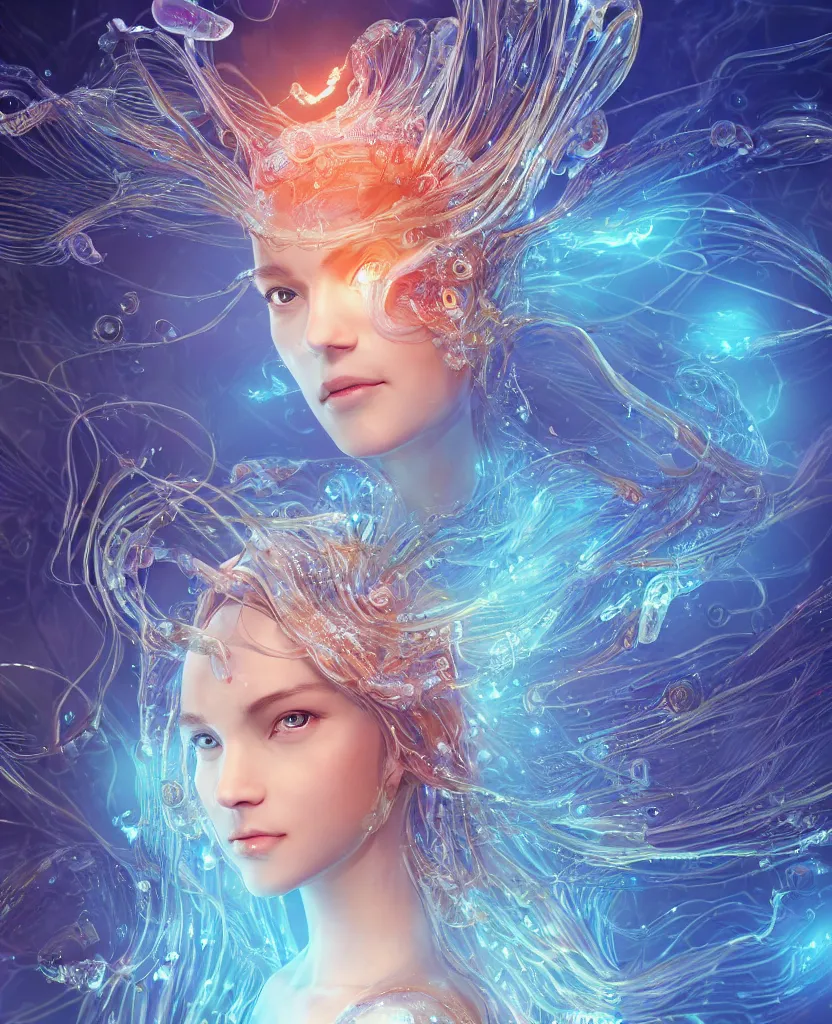 Image similar to close-up macro portrait of the face of a beautiful princess, epic angle and pose, symmetrical artwork, 3d with depth of field, blurred background, cybernetic jellyfish female face skull phoenix bird, translucent, nautilus, energy flows of water and fire. a highly detailed epic cinematic concept art CG render. made in Maya, Blender and Photoshop, octane render, excellent composition, cinematic dystopian brutalist atmosphere, dynamic dramatic cinematic lighting, aesthetic, very inspirational, arthouse. y Greg Rutkowski, Ilya Kuvshinov, WLOP, Stanley Artgerm Lau, Ruan Jia and Fenghua Zhong