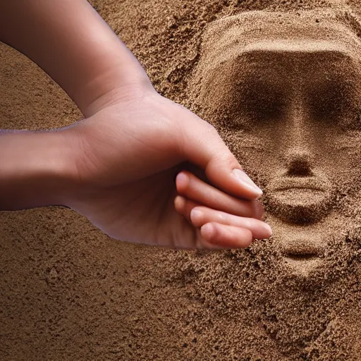 Prompt: hands holding a face made of sand vanishing, photorrealistic, 8 k