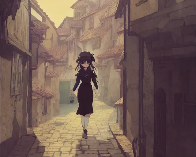 Image similar to kyoani anime keyframe illustrated portrait of a young female walking through a medieval village, perfect anime face, dynamic pose, dynamic perspective, detailed silhouette, detailed, intricate, manga, face by ilya kuvshinov