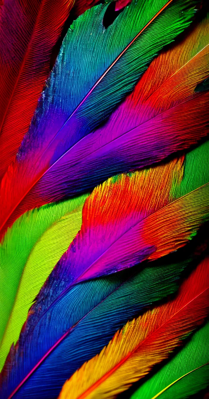 Prompt: realistic photo of colorful one big feather, minimal with one feather in center, highly textured, dark smooth background, very sharp focus, 3 d octane render, in the style of greg rutswoski, very hyper realistic, highly detailed, fantasy art station