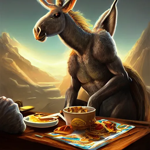 Image similar to zoom out, ultrarealistic, ultradetailed, war donkey eating breakfast, sitting on a futuristic table with aliens, at the end of the universe, very very very ultradetailed, epic fantasy style art, fantasy epic digital art, epic fantasy art, hearthstone style art