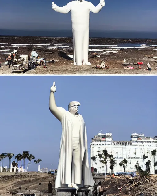 Image similar to a gigantic 400 foot tall white marble statue of president Donald trump giving his thumbs up sign, dwarfs onlookers on a beach, cinematic, post apocalyptic