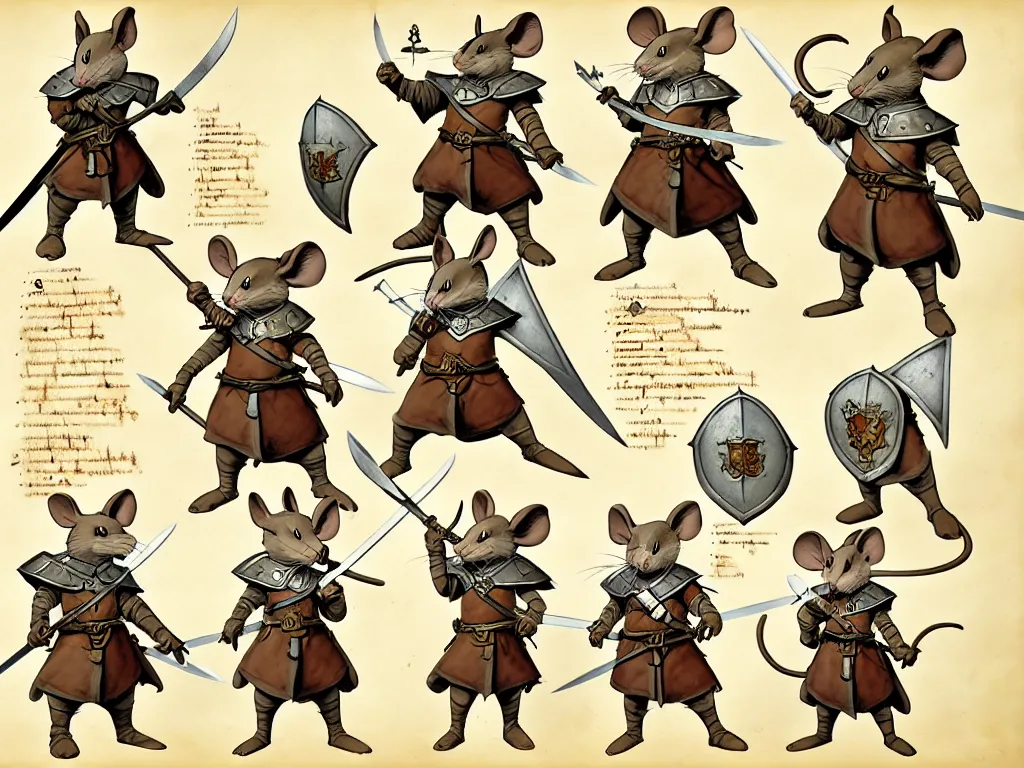 Image similar to character design sheet for a heroic mouse knight with sword and shield on a parchment background, redwall, greg rutowski and jean baptiste monge, very very detailed, epic fantasy concept art