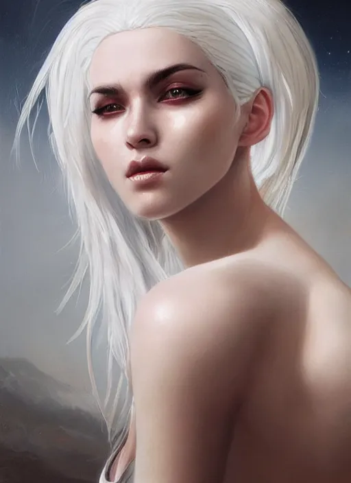 Prompt: girl with white hair, beautiful highly detailed face, complementary lighting, backlit, eyeshadow, divine, beautiful painting by artgerm and greg rutkowski and raymond swanland