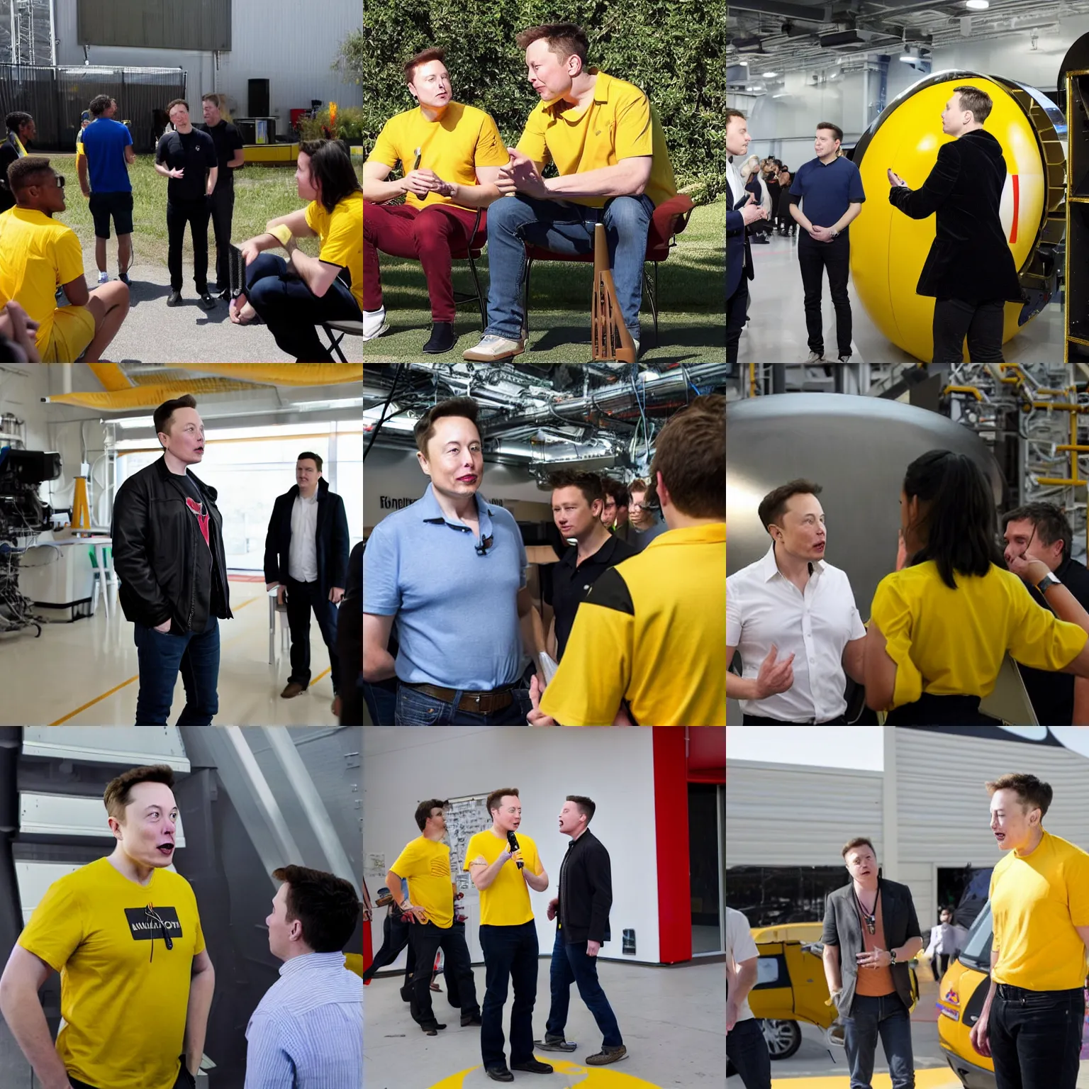 Prompt: elon musk on a rocket, talking to student in yellow shirt