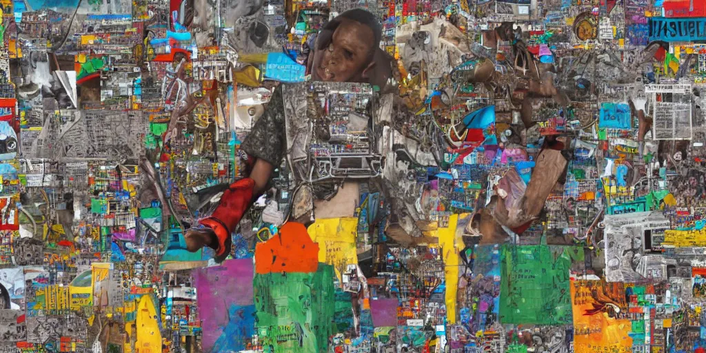 Prompt: colourful giant mecha ROBOT of AJEGUNLE SLUMS of Lagos, writings and markings on robot, magazine collage,