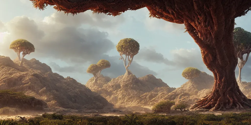 Image similar to socotra island with dragon trees, sharp focus, wide shot, trending on ArtStation, masterpiece, by Greg Rutkowski, by Ross Tran, by Fenghua Zhong, octane, soft render, ultrarealistic, colorful, cinematic, horizon forbidden west