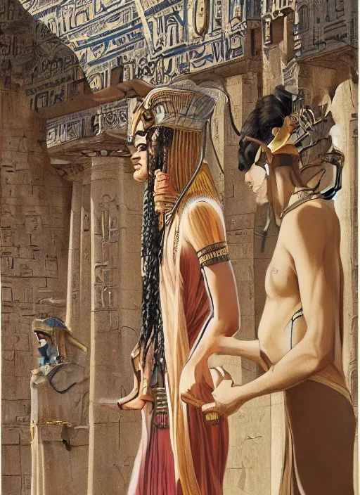 Image similar to Cleopatra meets Julius Caesar in glorious Egyptian temple, symmetrical face, beautiful eyes, fine art, art nouveau masterpiece, art deco, semi realistic anime, museum quality work, cel shaded, art style of John Collier, Moebius, Studio Ghibli, hyperrealistic, detailed, cinematic, widescreen, 4K