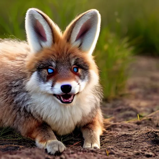 Image similar to a photorealistic adorable chubby fennic fox wolf rabbit hybrid, wearing bows on its fuzzy ears, grinning at the camera with a mischievous look, sharp teeth, happy lighting, at a tropical beach