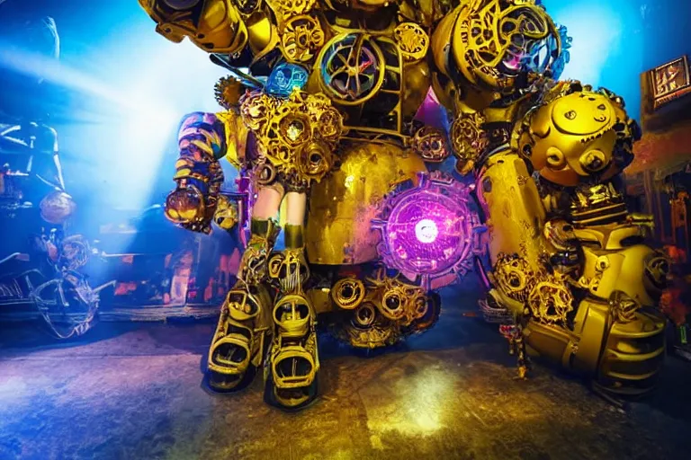 Prompt: scene is flower power party in pacha in ibiza, portrait photo of a giant huge golden and blue metal steampunk robot, with gears and tubes, eyes are glowing red lightbulbs, shiny crisp finish, 3 d render, 8 k, insaneley detailed, fluorescent colors, haluzinogetic, background is multicolored lasershow