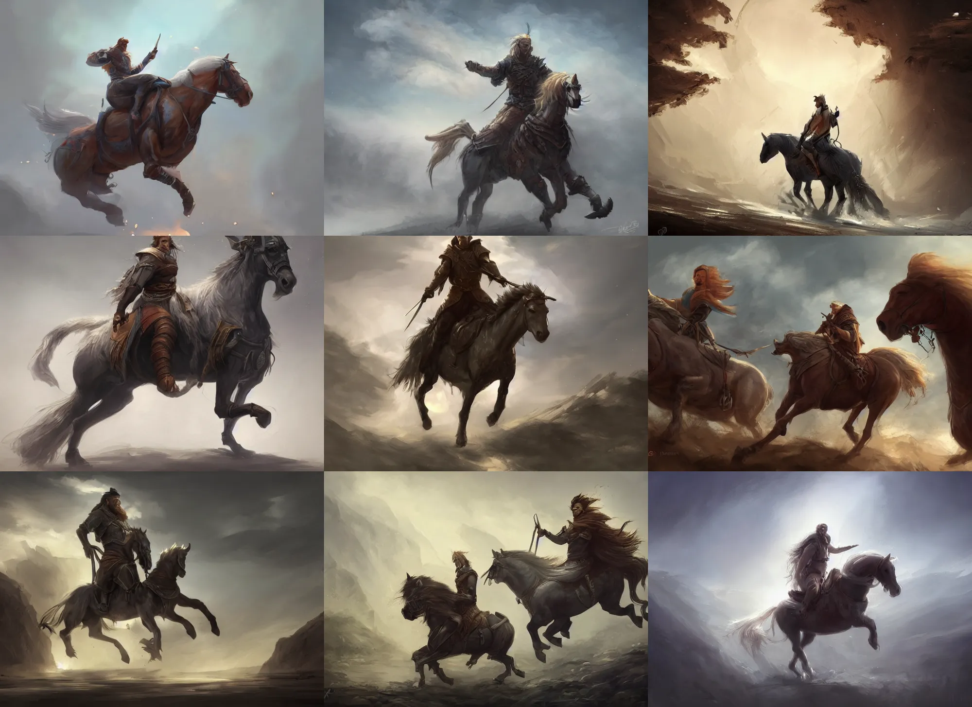 Prompt: a man riding on the back of a horse, concept art by Þórarinn B. Þorláksson, cgsociety contest winner, fantasy art, speedpainting, 2d game art, digital painting