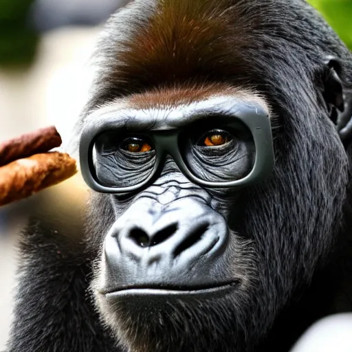 Prompt: a photo of a gorilla with sunglasses smoking a cigar