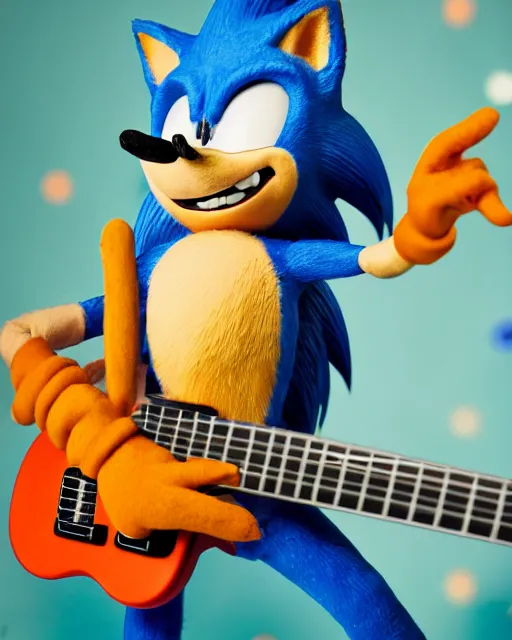 Prompt: A colorful studio portrait of Sonic the Hedgehog playing electric guitar in the style of a zany comedy movie; bokeh, 90mm, f/1.4