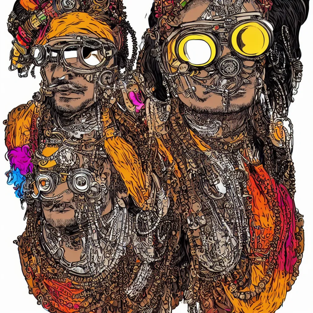 Image similar to face portrait of an indian man with long neon moustache rajasthani headgear wearing madmax style steampunk goggles and steampunk jewelry, art by butcher billy, sticker, colorful, illustration, highly detailed, simple, smooth and clean vector curves, no jagged lines, vector art, smooth