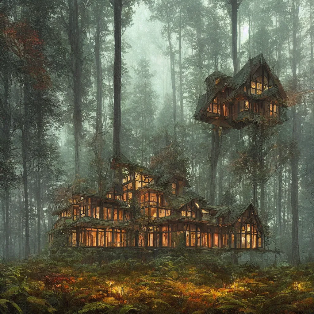 Prompt: beautiful symmetry house in a forrest, by greg rutkowski and thomas kinkade and peter morbacher and dan mumford