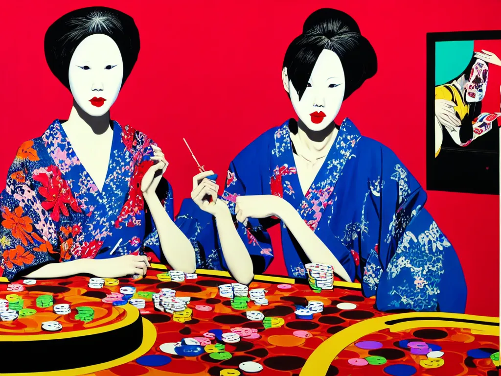 Image similar to hyperrealism composition of the detailed woman in a japanese kimono sitting at a poker table with slenderman, fireworks on the background, pop - art style, jacky tsai style, andy warhol style, acrylic on canvas