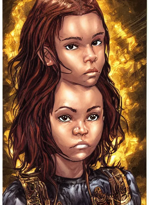 Prompt: An epic fantasy comic book style portrait painting of a short, dark-skinned, slender girl with short auburn hair that comes almost to her shoulders with brown eyes that look almost black with flecks of gold in them. The gold flecks flare up when she’s agitated. She has a medium-sized scar on the upper right side of her head, unreal 5, DAZ, hyperrealistic, octane render, cosplay, RPG portrait, dynamic lighting