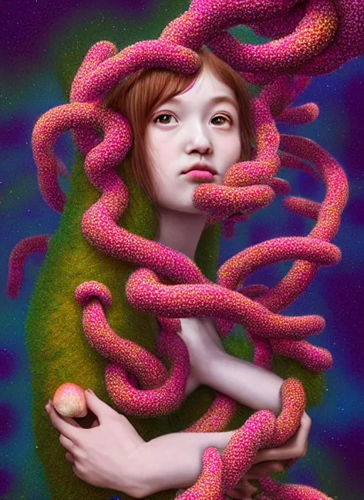 Prompt: hyper detailed 3d render like a Oil painting - kawaii portrait Aurora (brown haired Singer Weasle) seen Eating of the Strangling network of yellowcake aerochrome and milky Fruit and Her delicate Hands hold of gossamer polyp blossoms bring iridescent fungal flowers whose spores black the foolish stars by Jacek Yerka, Mariusz Lewandowski, Houdini algorithmic generative render, Abstract brush strokes, Masterpiece, Edward Hopper and James Gilleard, Zdzislaw Beksinski, Mark Ryden, Wolfgang Lettl, hints of Yayoi Kasuma, octane render, 8k