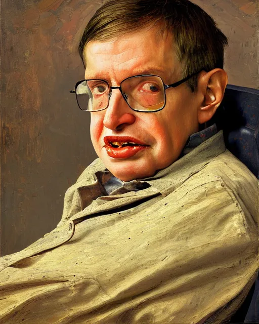 Prompt: painterly portrait, stephen hawking, impasto, fantasy, chuck close:7, carl spitzweg:7, cinematic light, full face, symmetrical face