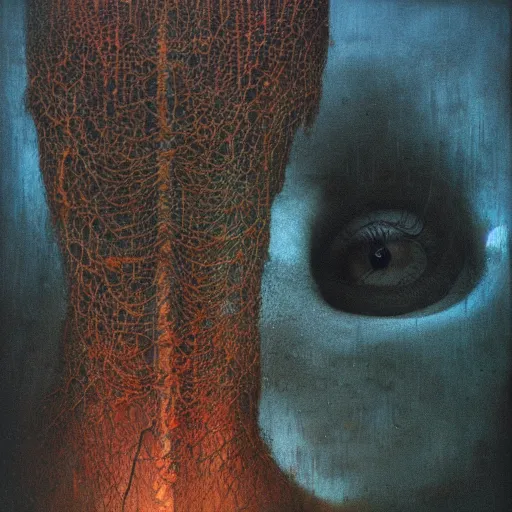 Prompt: beksinski, zdzislaw - her eyes wide, oil on canvas