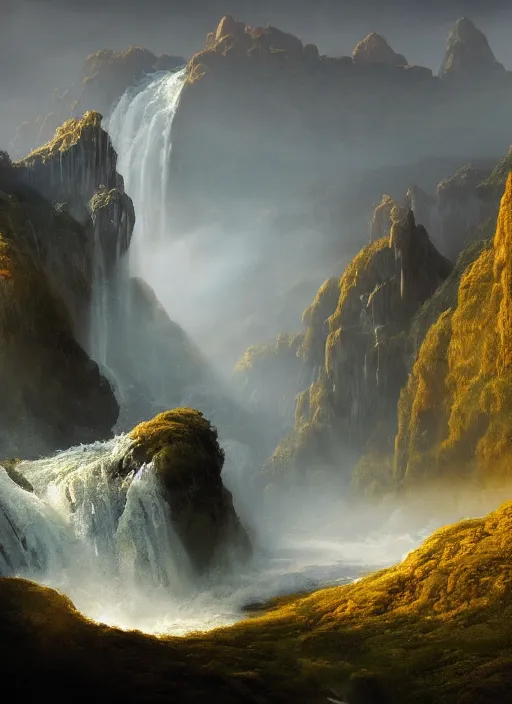 Prompt: a huge arc of a mountain far away with a flying glass sphere, in the style of hans - werner sahm, inspired landscape, detailed dreamscape, hyperreal phantastic landscape, golden ratio, high aesthetic, huge powerful waterfall, gigantic cave on horizon, meadowns and hills, austria, cinematic light dramatic light, trending on artstation
