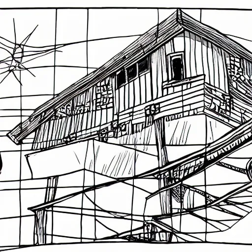 Image similar to imaginative drawing of a beach house, black ink outline, cel - shading