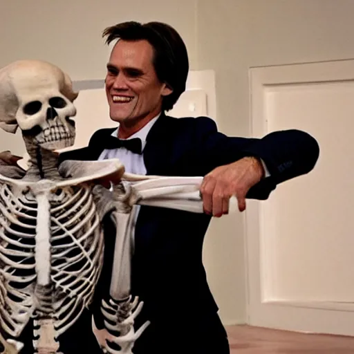 Image similar to jim carrey dancing with a skeleton