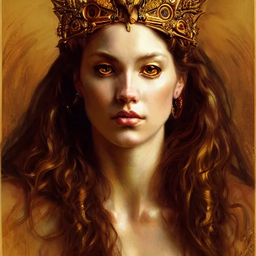 Image similar to highly detailed portrait of a majestic lioness queen in the form of a beautiful woman. d & d. art by eugene delacroix and donato giancola. trending on artstation, intricate details, energetic composition, golden ratio, concept art, illustration, elegant art, global illuminaition